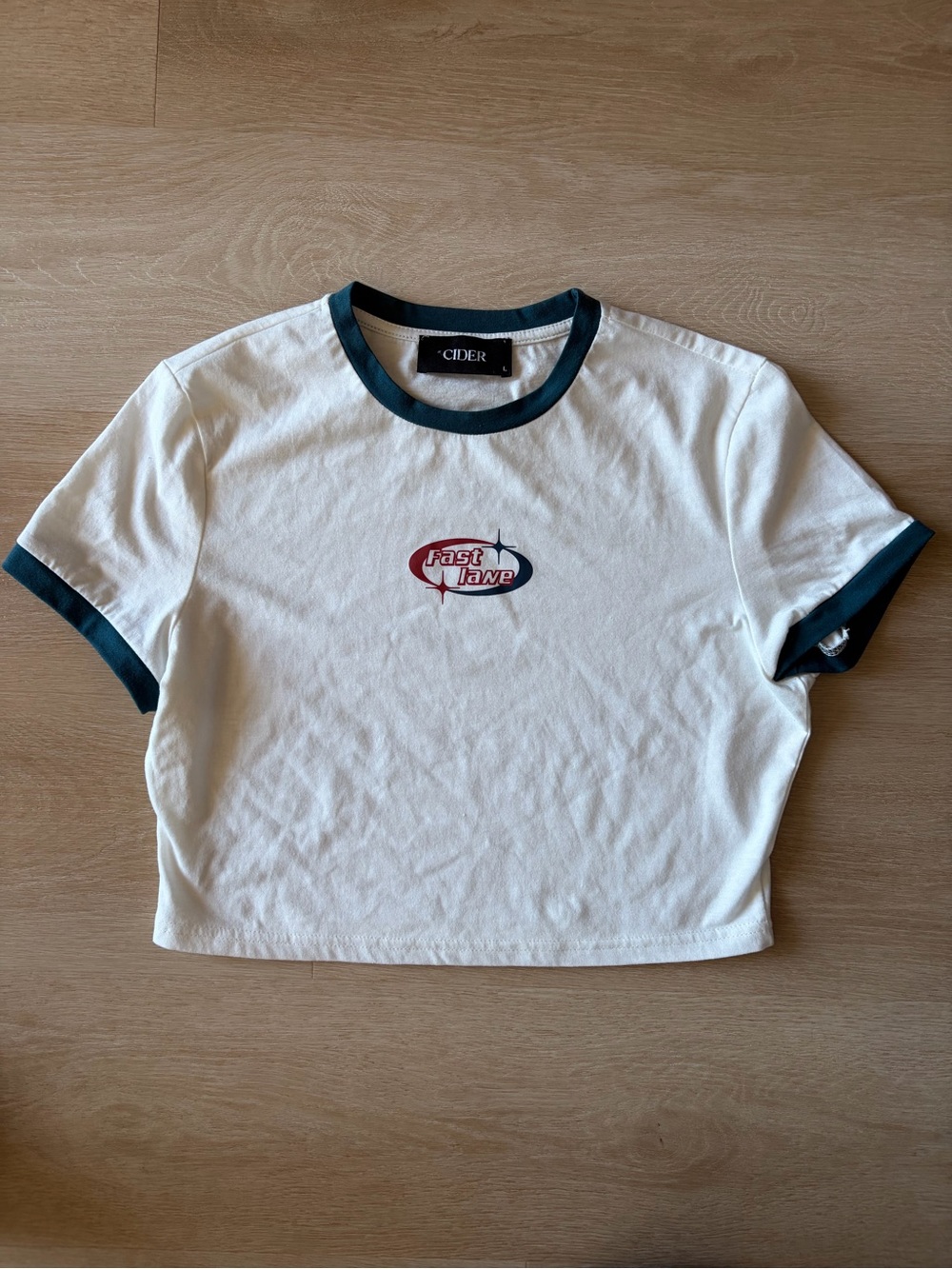 Cider Fast Lane Racing Ringer Crop Tee White Blue L
